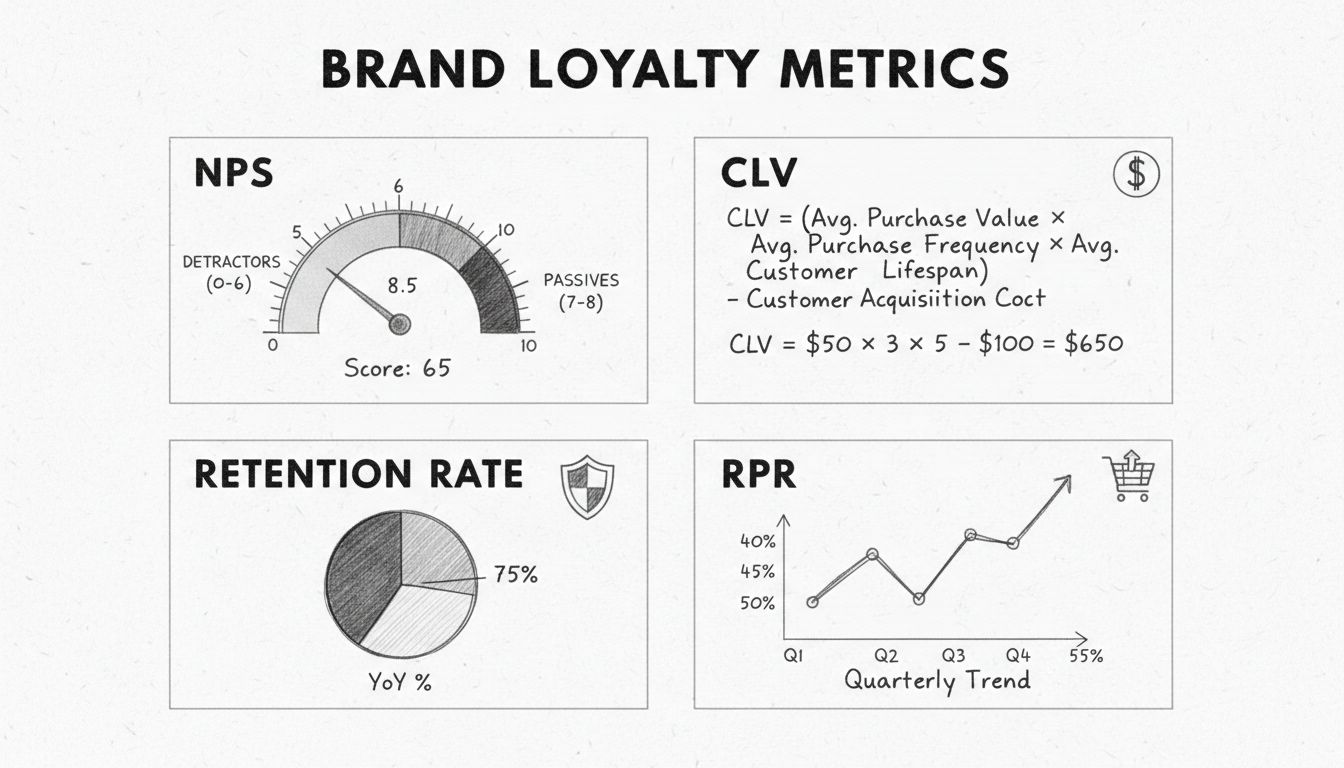 Brand loyalty metrics dashboard showing NPS, CLV, retention rate, and repeat purchase rate measurements