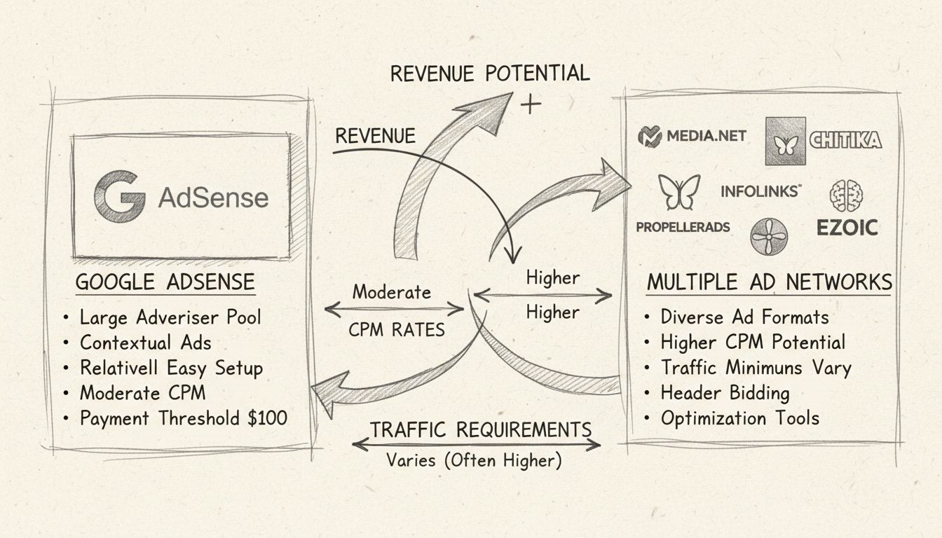 Hand-drawn comparison diagram of alternative ad networks showing Media.net, InfoLinks, Chitika, PropellerAds, and Ezoic with their key features and metrics