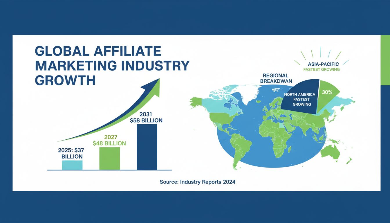 Global affiliate marketing industry growth projection from 2025 to 2031 showing market size progression and regional breakdown