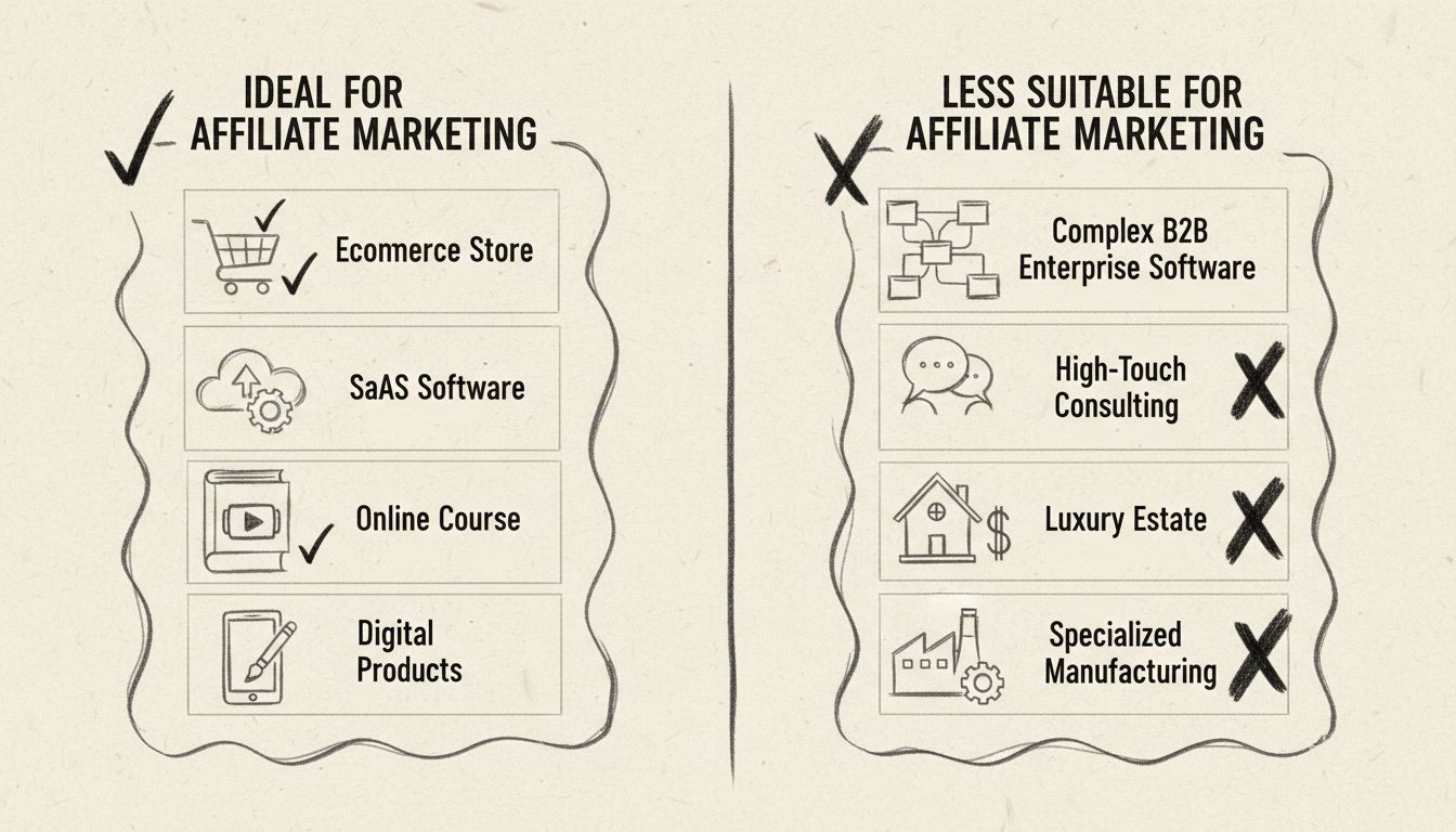 Hand-drawn diagram showing business types suitable and unsuitable for affiliate marketing