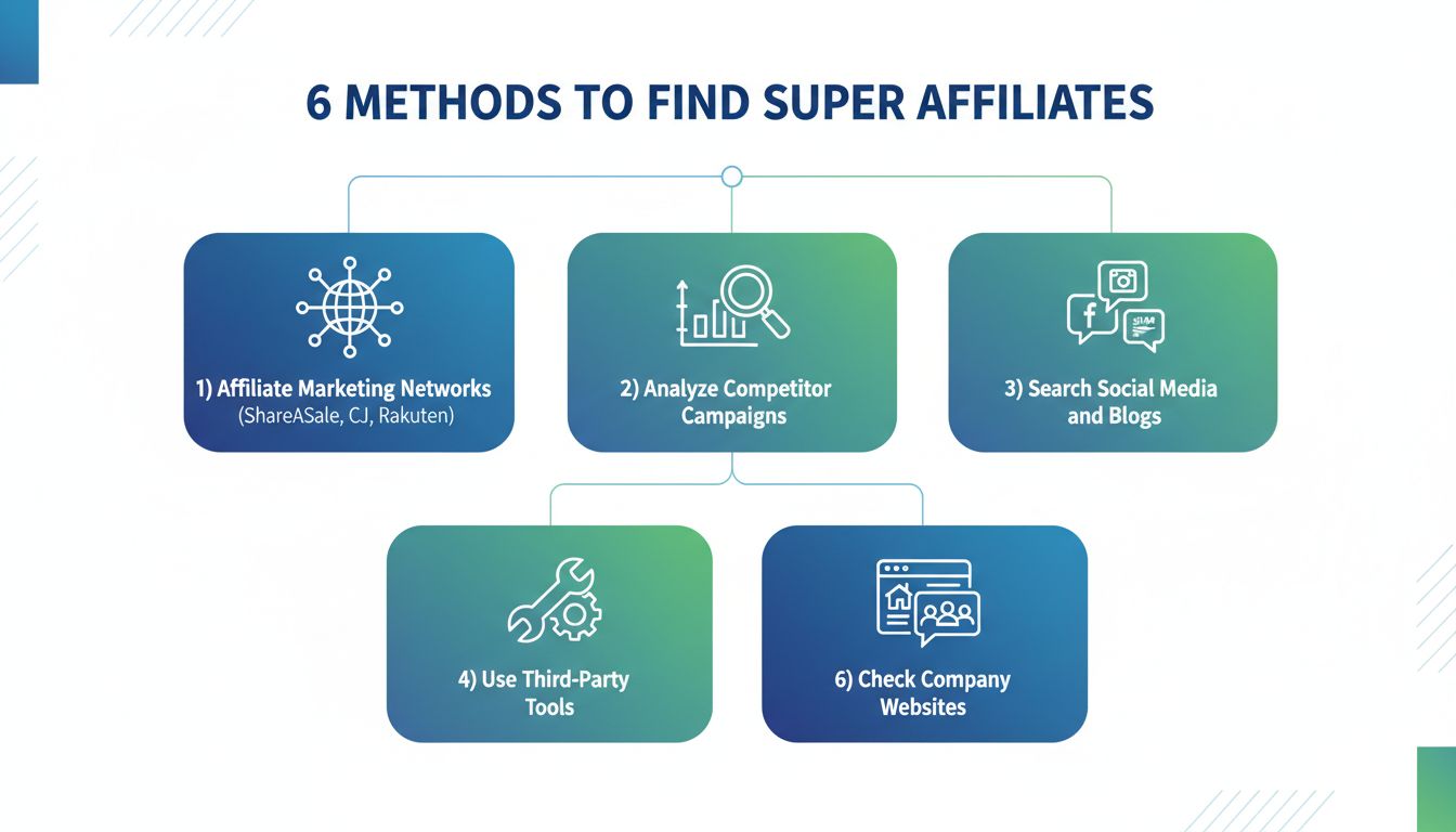 Six methods to find super affiliates including affiliate networks, competitor analysis, social media search, third-party tools, company websites, and online forums