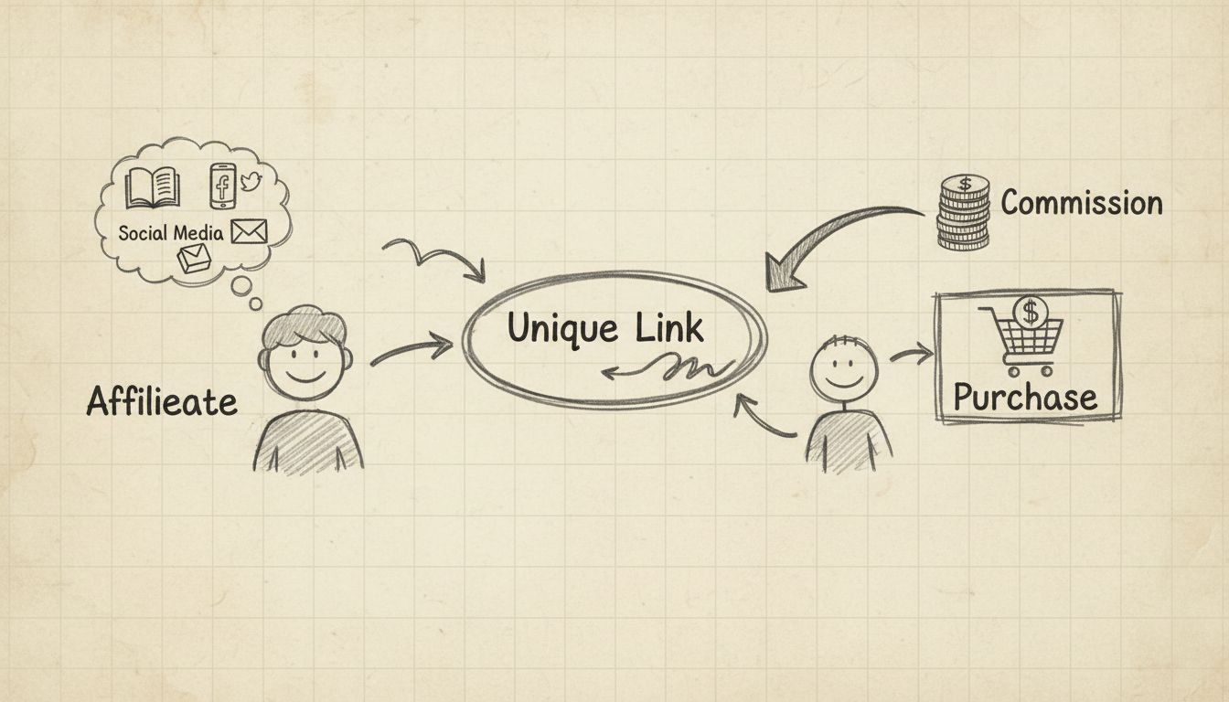 Affiliate marketing campaign flow diagram showing affiliates promoting through multiple channels, unique tracking links, customer conversion, and commission earning