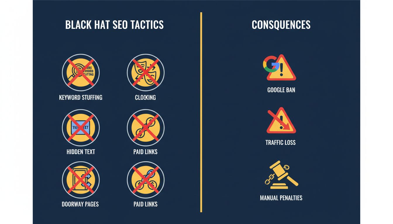 Infographic showing black hat SEO tactics and their consequences including keyword stuffing, cloaking, hidden text, paid links, and doorway pages with warning symbols