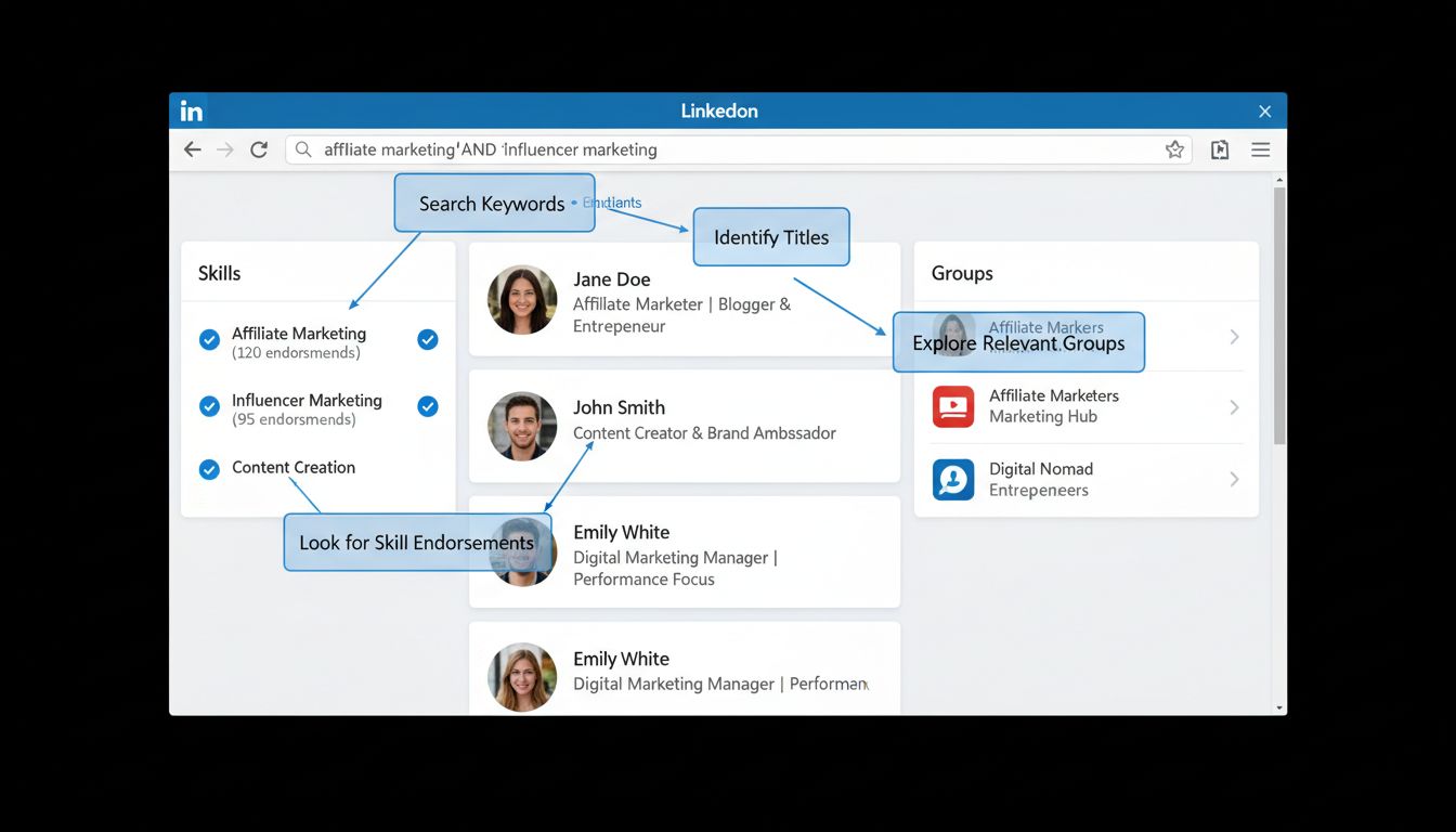 LinkedIn interface showing how to search for and identify affiliate marketers using keyword searches, profile analysis, and group engagement