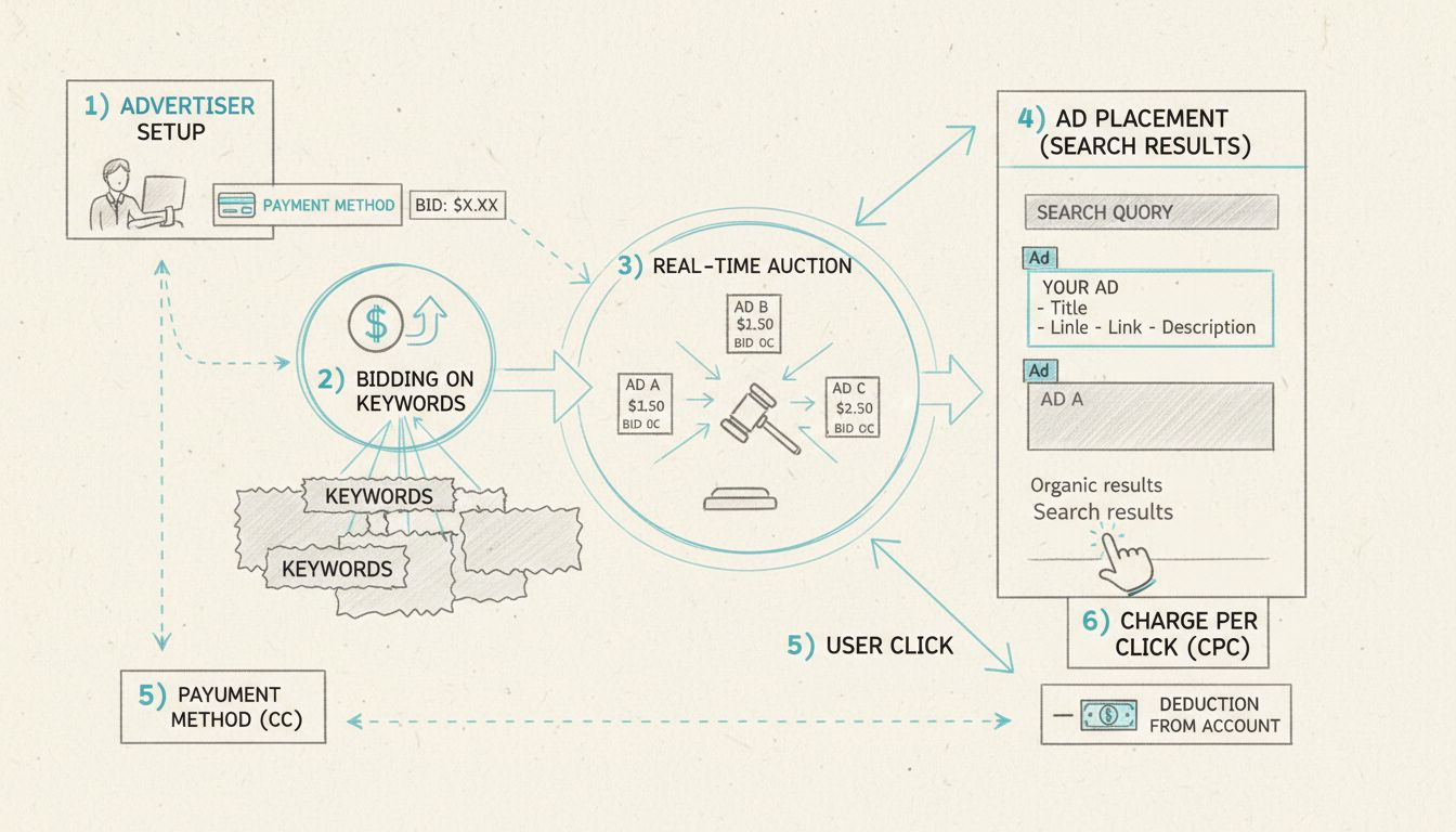 Paid search payment model flow diagram showing account setup, keyword bidding, auction process, ad placement, and cost-per-click charging