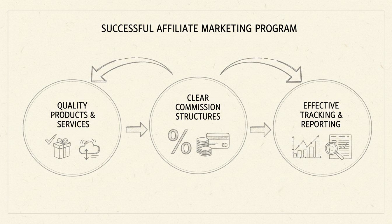 Diagram showing the 3 main components of successful affiliate marketing program: Quality Products, Clear Commission Structures, and Effective Tracking Systems