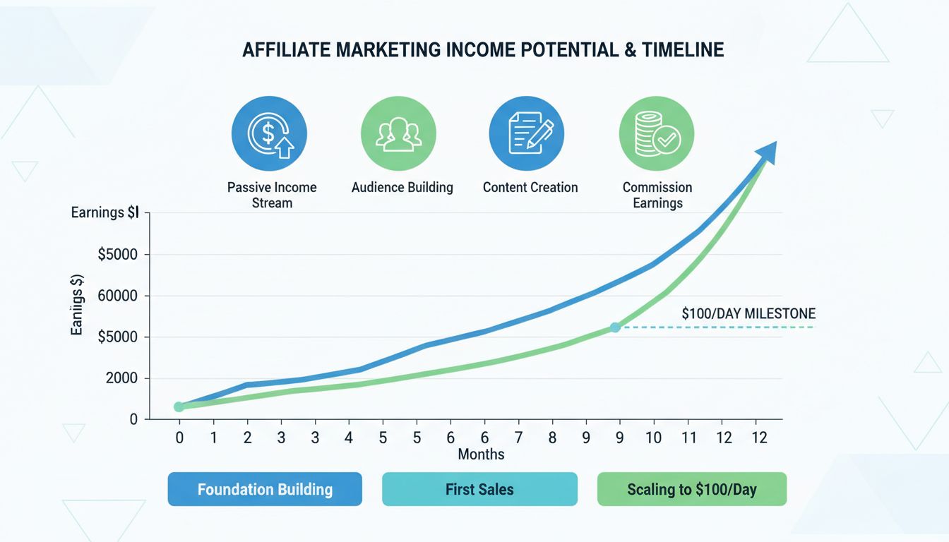 Affiliate marketing income growth timeline showing progression from foundation building to scaling to $100 per day