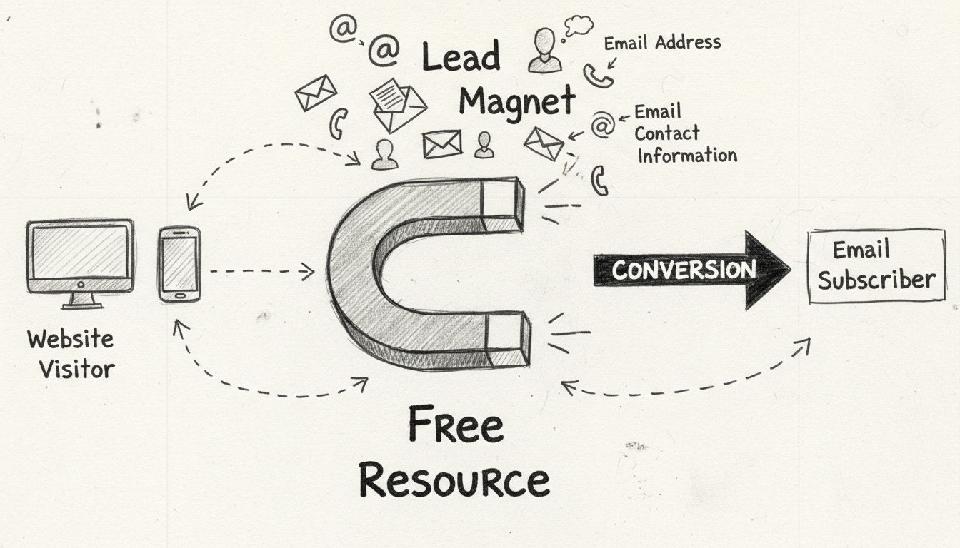 Lead magnet concept diagram showing magnet attracting email icons and contact information with conversion flow