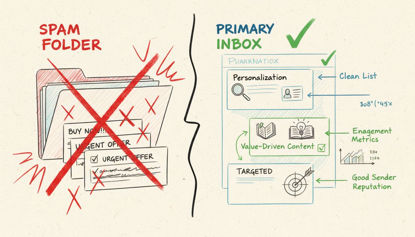 Cold email best practices diagram showing personalization, value-driven content, clean lists, good sender reputation, and targeted outreach
