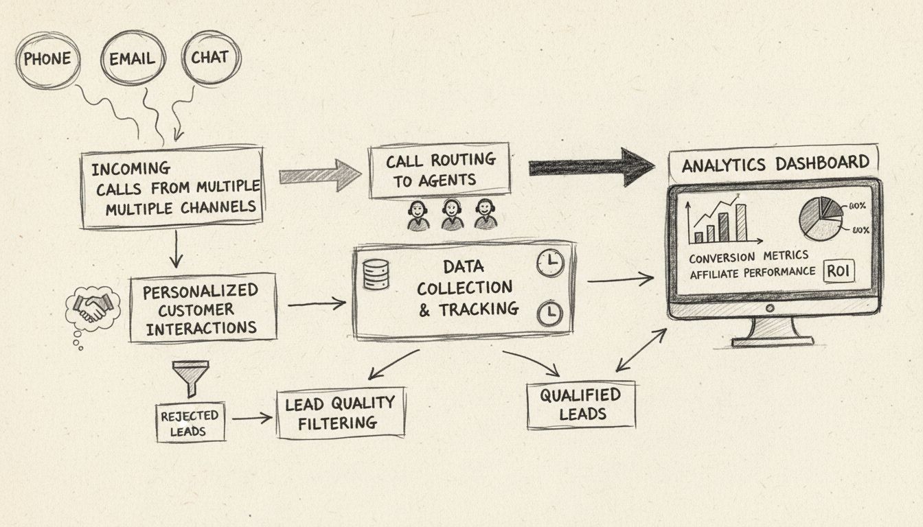 Call center software workflow diagram showing incoming calls, routing, data collection, analytics, and personalized interactions
