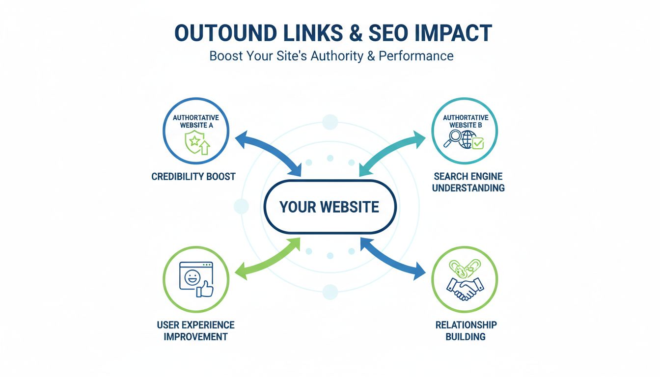 Infographic showing how outbound links impact SEO through credibility, search engine understanding, user experience, and relationship building