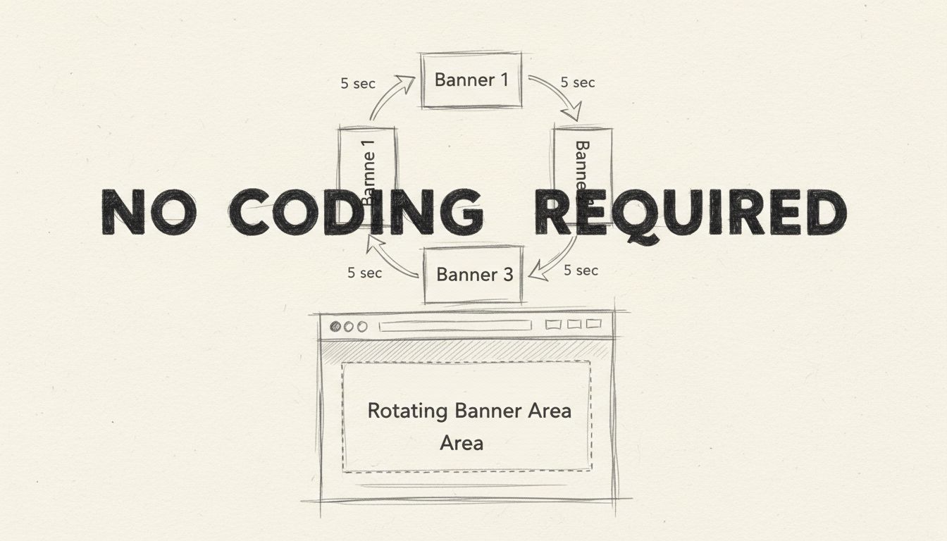 Hand-drawn diagram showing banner rotator workflow with three rotating banners and no coding required