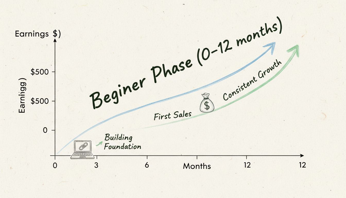 Beginner affiliate marketer earnings progression chart showing growth from $0 to $1000 over 12 months