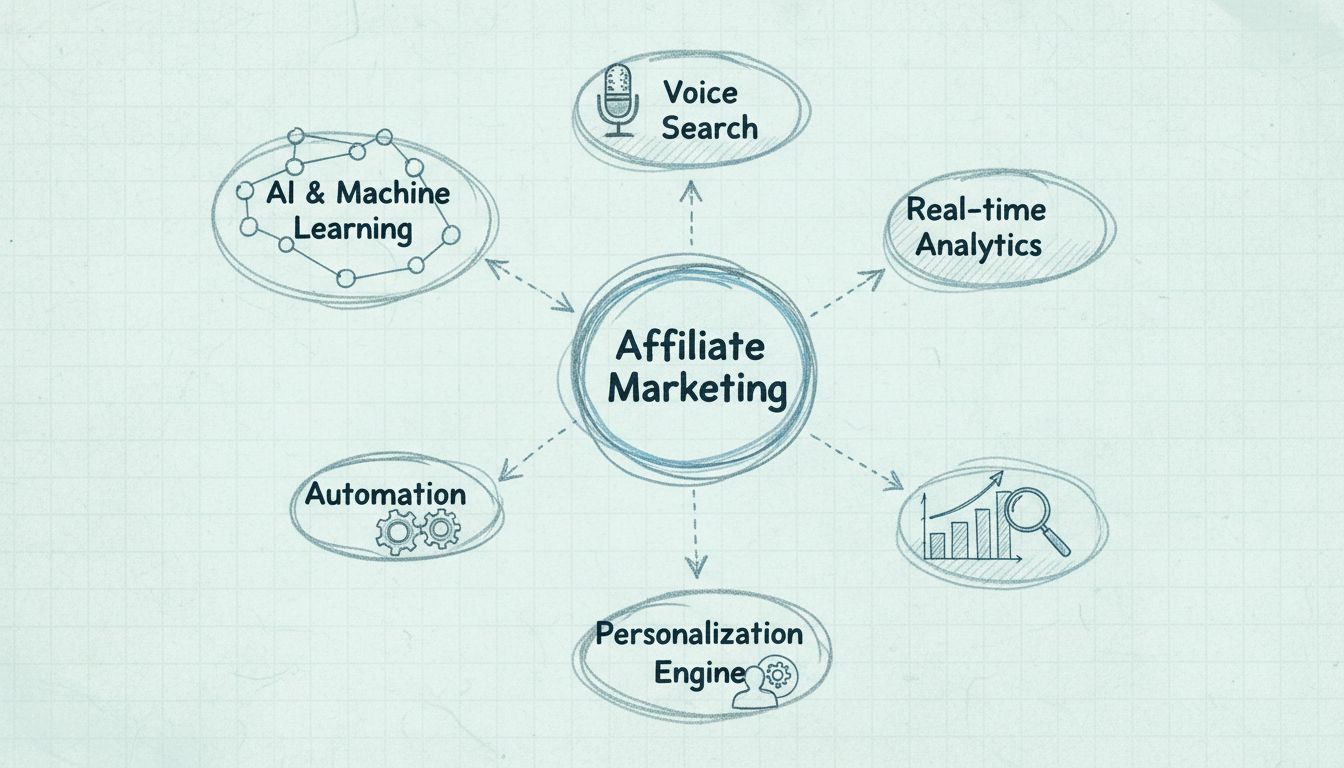 Emerging technologies in affiliate marketing including AI, machine learning, voice search, automation, real-time analytics, and personalization