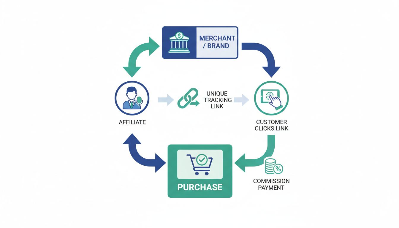 Affiliate marketing process flow diagram showing merchant, affiliate, customer, tracking link, purchase, and commission payment