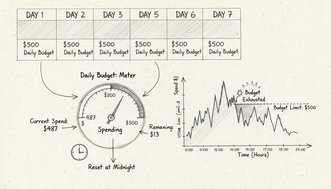 Daily budget workflow diagram showing spending meter, budget reset at midnight, and daily spending pattern
