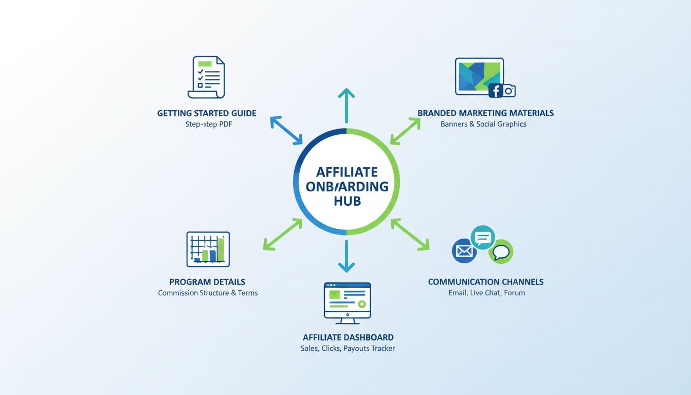 Affiliate onboarding materials and resources infographic showing Getting Started Guide, branded marketing materials, program details, communication channels, and affiliate dashboard