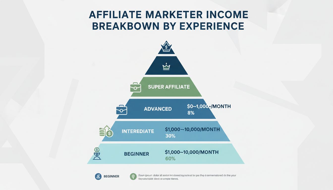 Affiliate marketer income breakdown by experience level showing four tiers from beginner to super affiliate