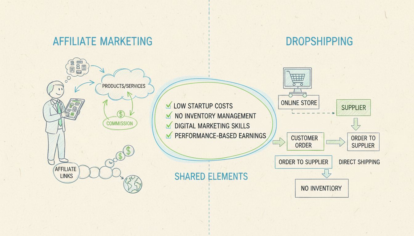 Comparison diagram of affiliate marketing and dropshipping business models showing shared elements like low startup costs, no inventory management, digital marketing skills, and performance-based earnings