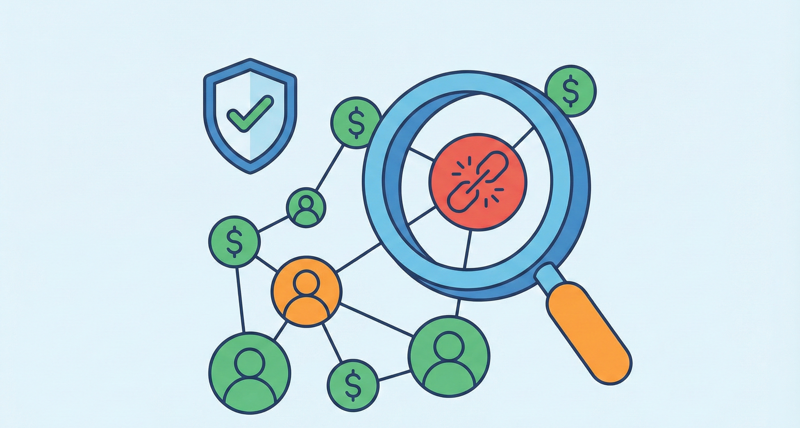 A simple illustration of a magnifying glass highlighting a broken link in a network of people and money icons, with a shield icon in the corner