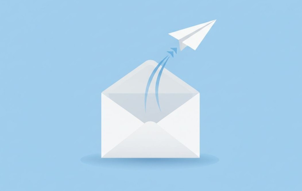 An illustration of an open envelope with a paper airplane flying upward, representing successful email marketing and subscriber engagement