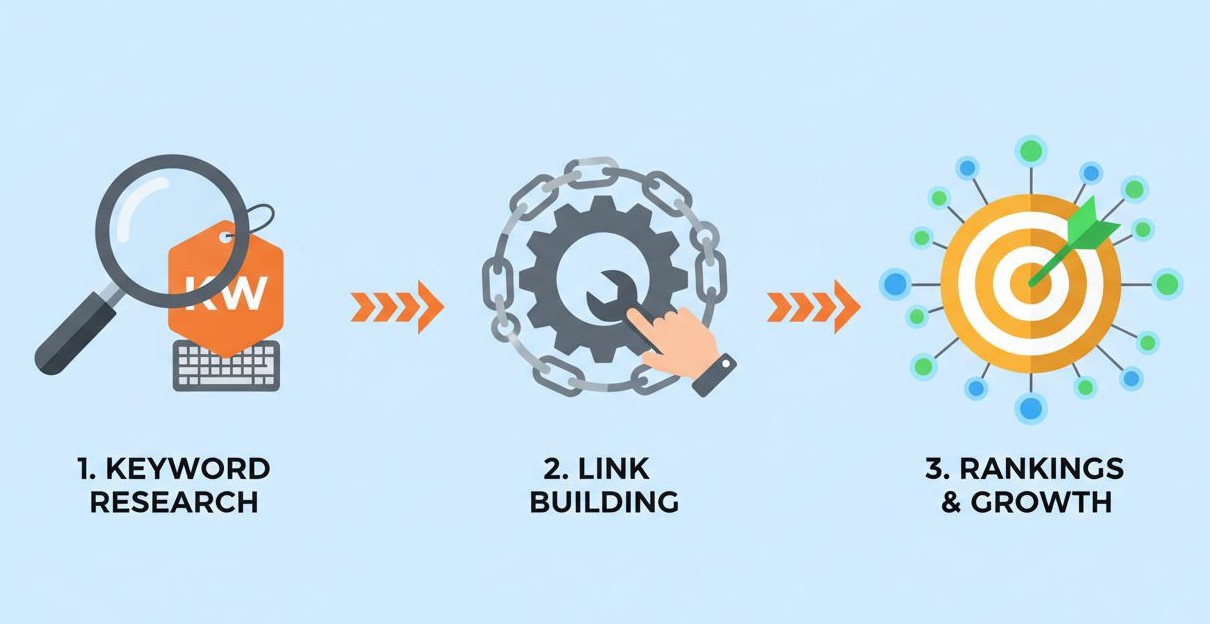 Infographic showing the keyword research and link building process.