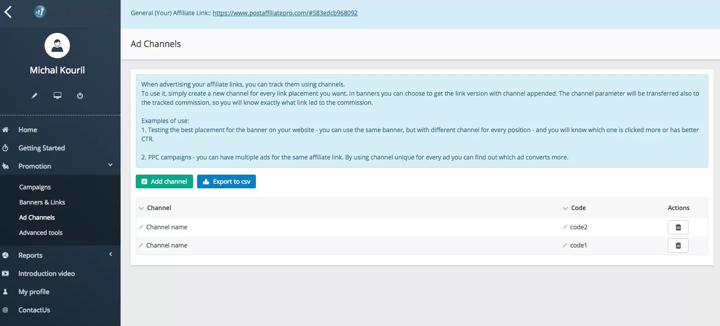 Post Affiliate Pro dashboard for adding tracking channels