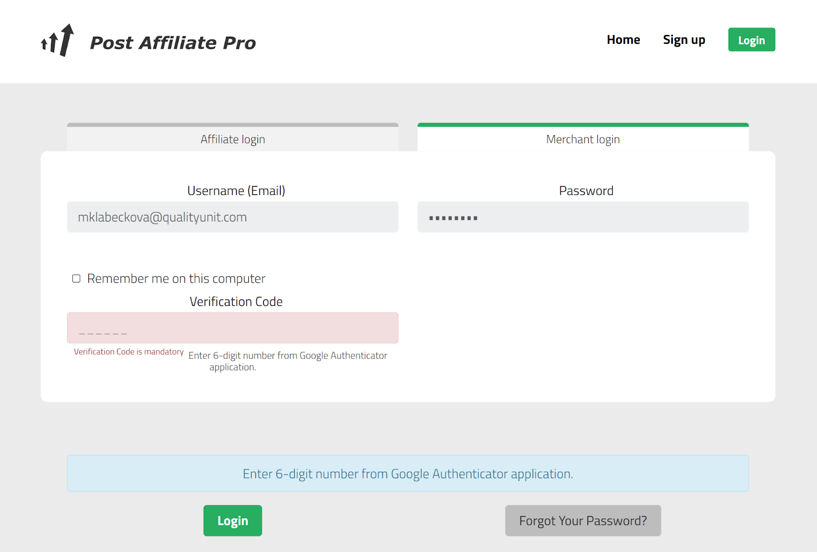 Post Affiliate Pro merchant login page with enabled two-factor authentication