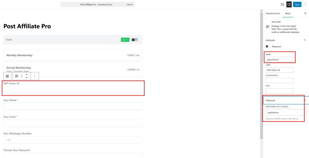 Adding papvisitorid field to SureCart's checkout form