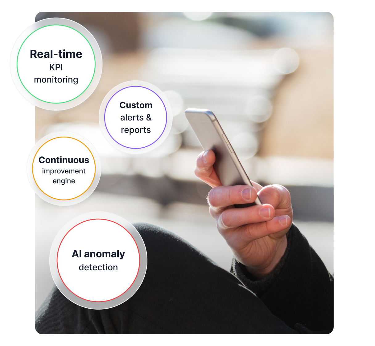 AI dashboard on smartphone showing affiliate KPIs, trend charts, and anomaly alerts