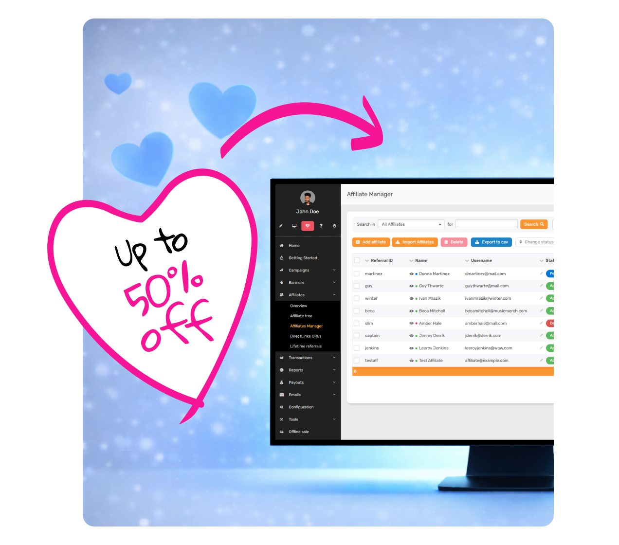 Valentine’s Day themed hero illustration for Post Affiliate Pro promotion