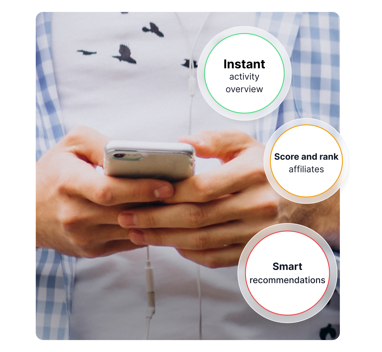 Smartphone dashboard showing AI-driven affiliate evaluation.