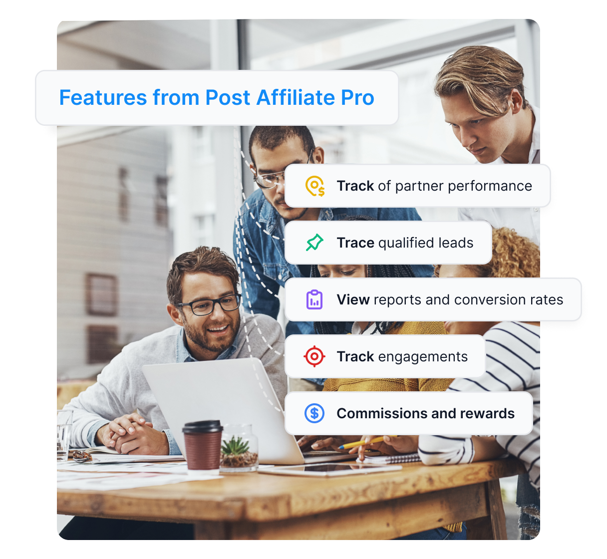 Stock image of a woman on the phone, next to a simple illustration showing how Post Affiliate Pro works, along with several award badges.