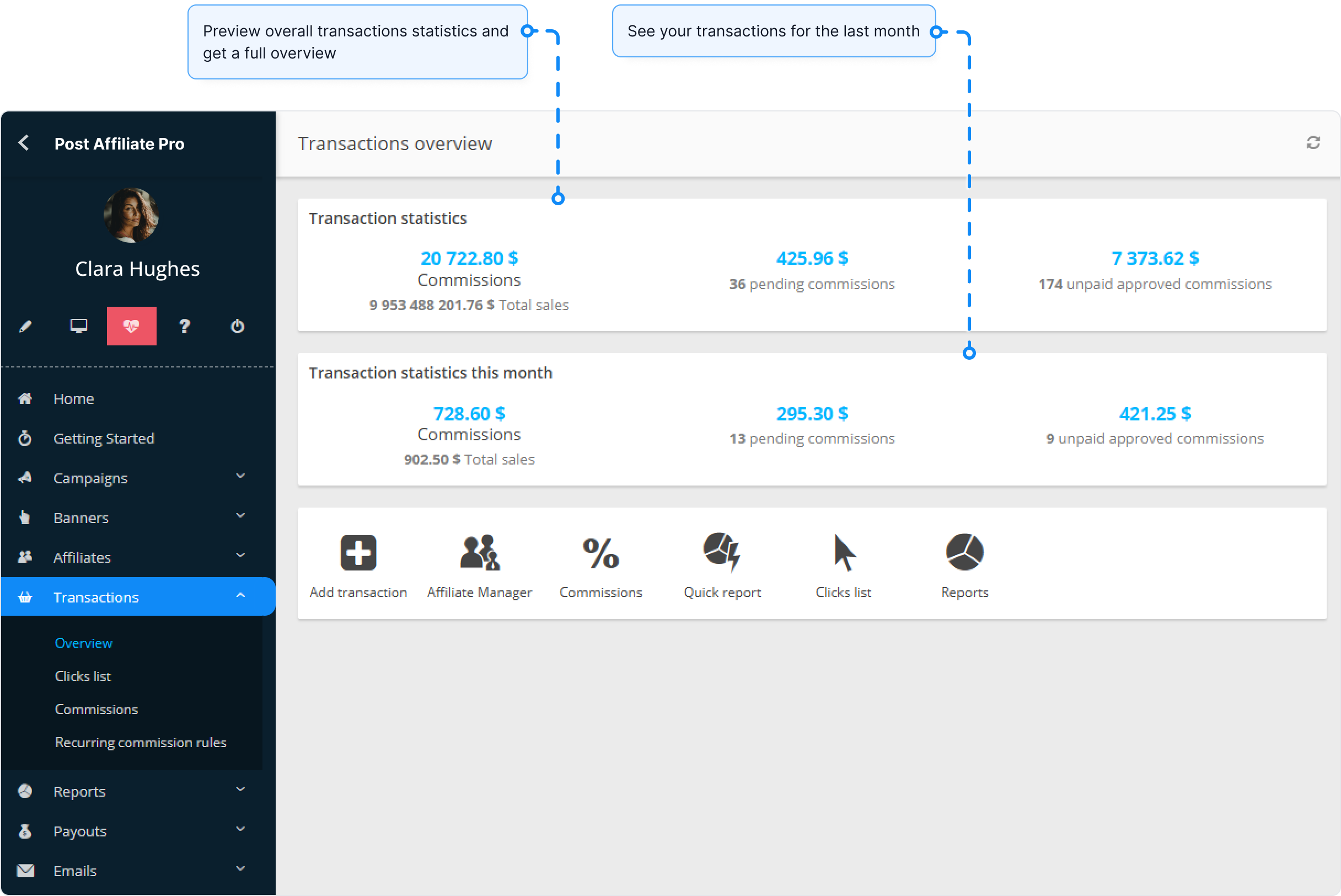 Overview of the transactions feature in Post Affiliate Pro.