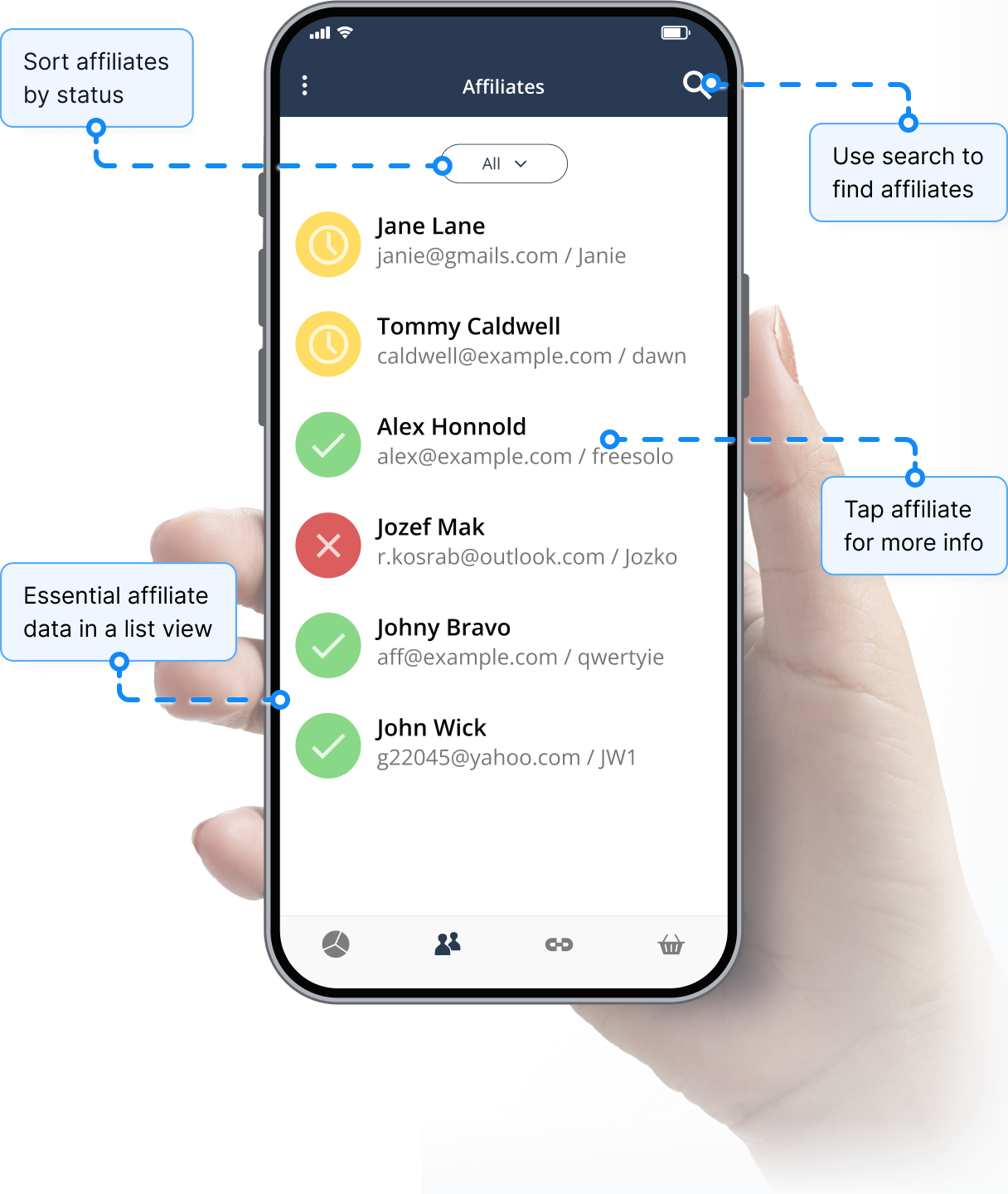 Overview of the affiliate management feature in the Post Affiliate Pro mobile app.