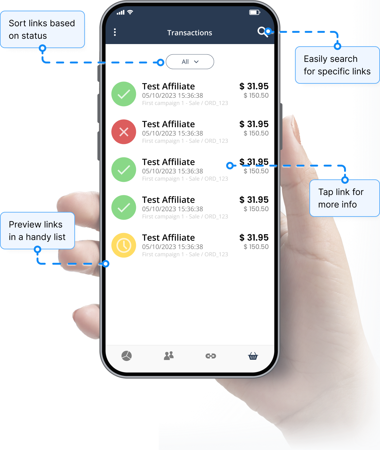 Overview of the transactions management feature in the Post Affiliate Pro mobile app.