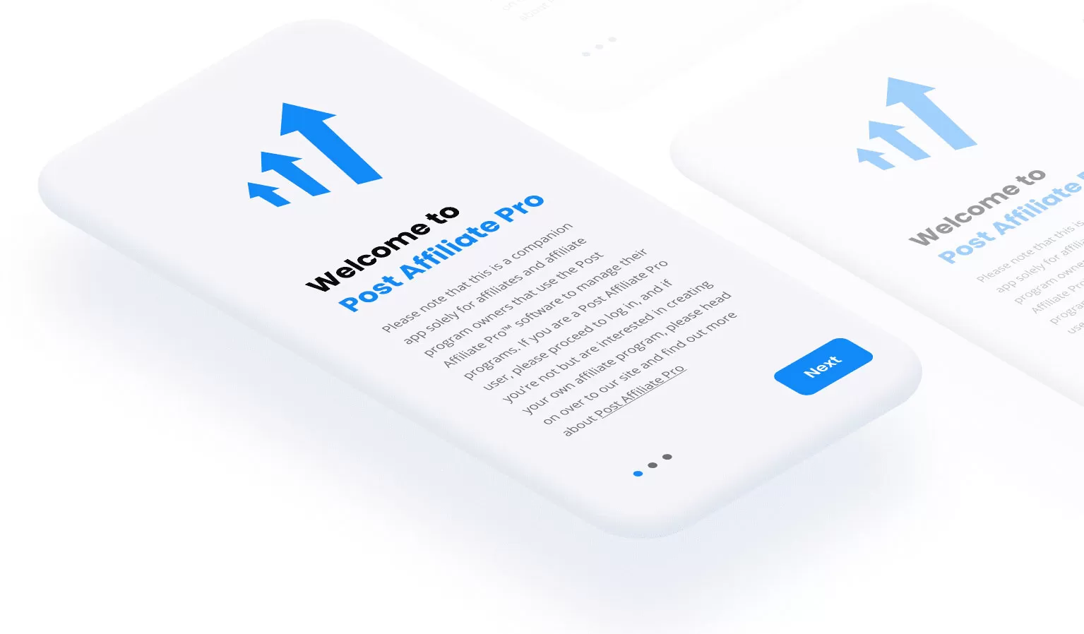 A mockup of a phone layout with letters welcome to Post Affiliate Pro.
